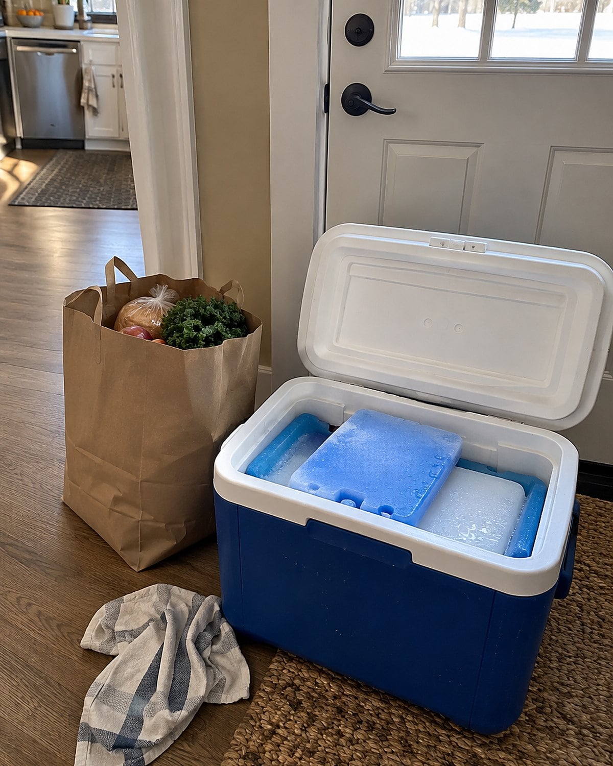 An insulated cooler with ice packs sits beside a grocery bag at the front door.