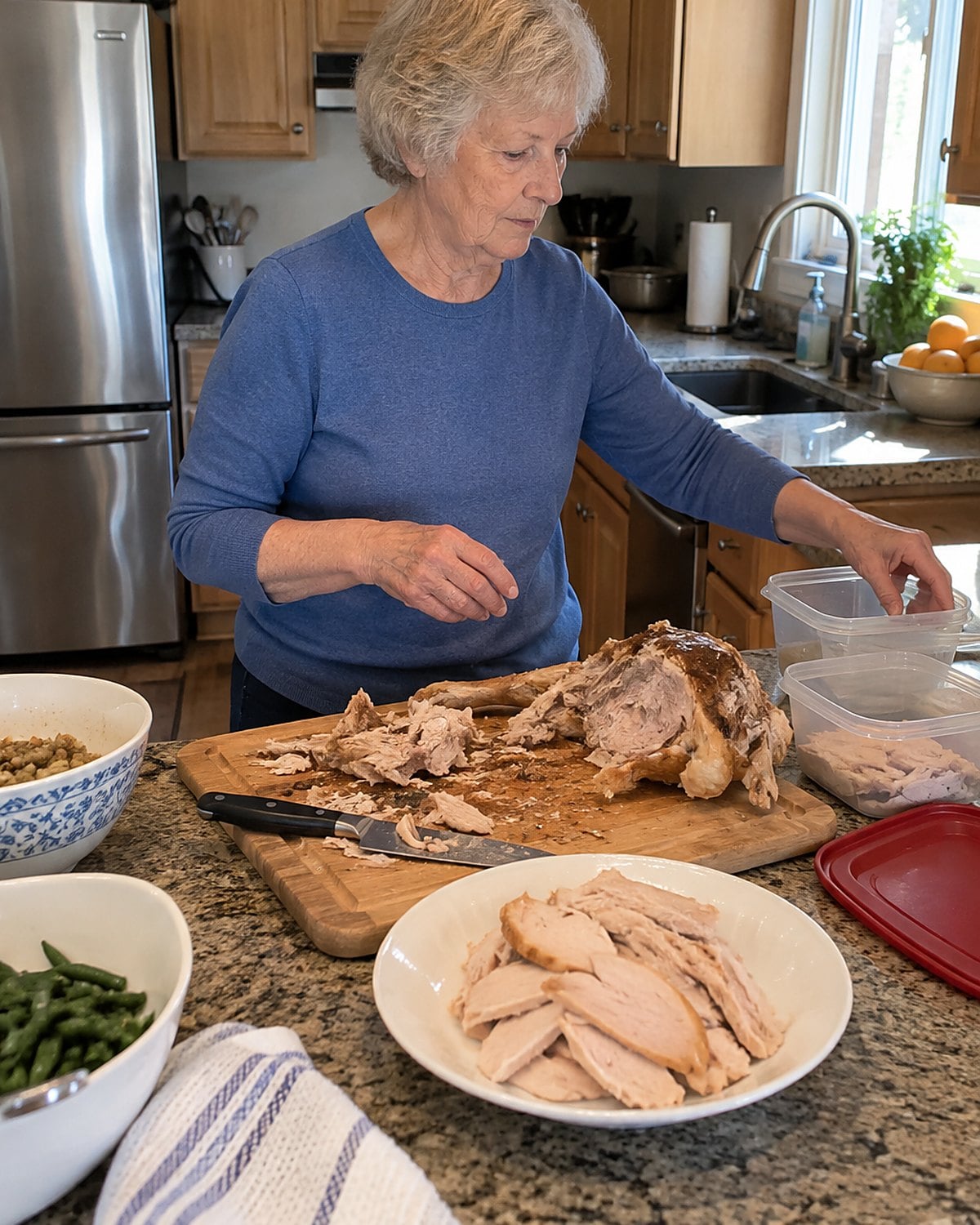 Sliced turkey and a picked-over carcass sit on a carving board as hands reach for storage containers.