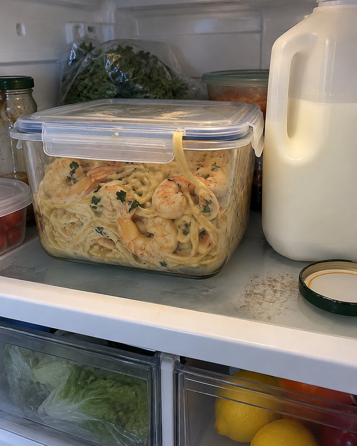 A container of shrimp pasta sits on a refrigerator shelf beside a carton of milk.