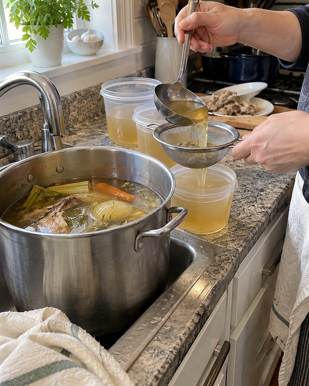 A stockpot of broth stands beside shallow containers and a strainer at the sink.