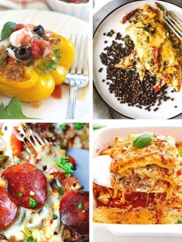 Four-panel collage of low-carb comfort food dinners including stuffed peppers, chicken, pizza bake, and lasagna.
