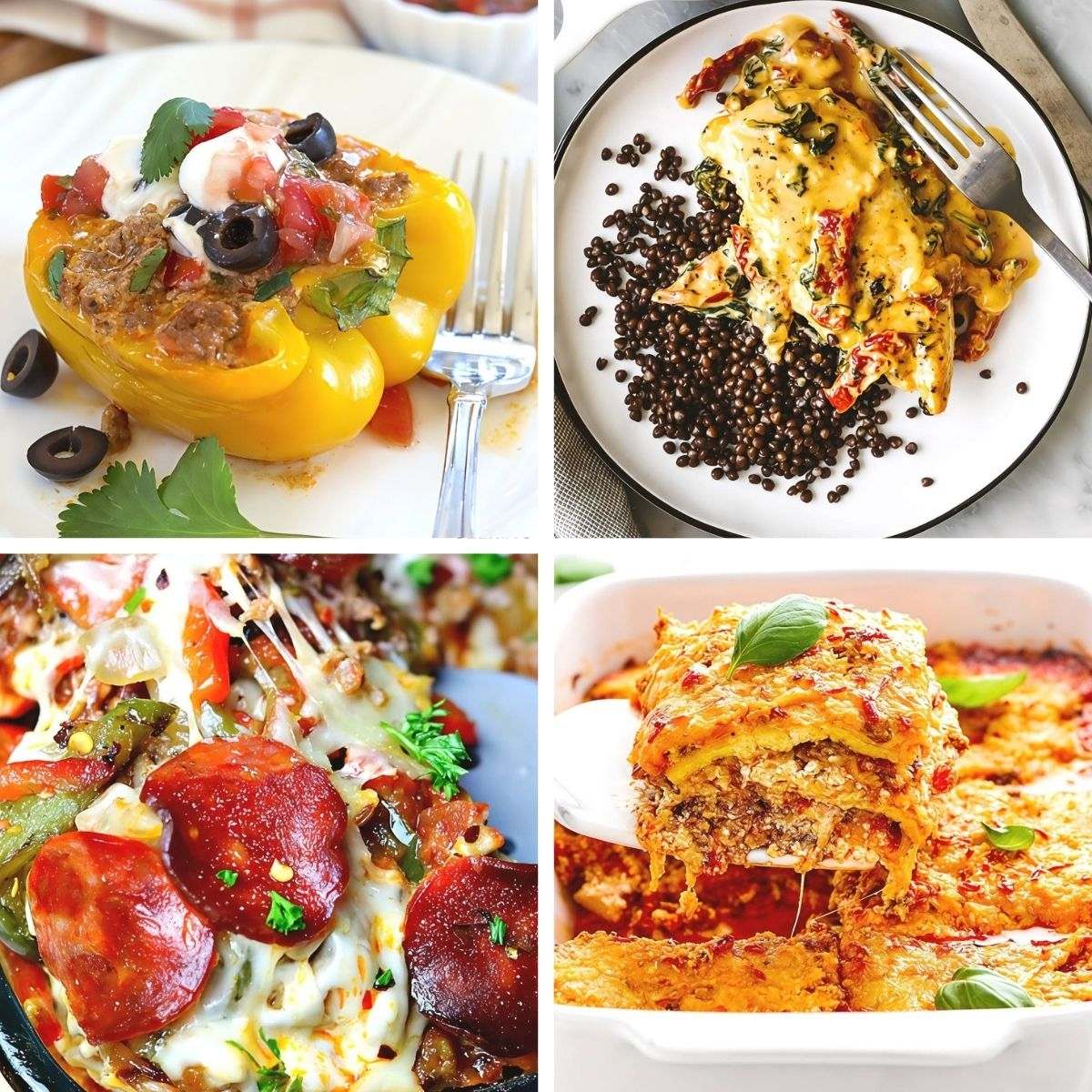 Four-panel collage of low-carb comfort food dinners including stuffed peppers, chicken, pizza bake, and lasagna.