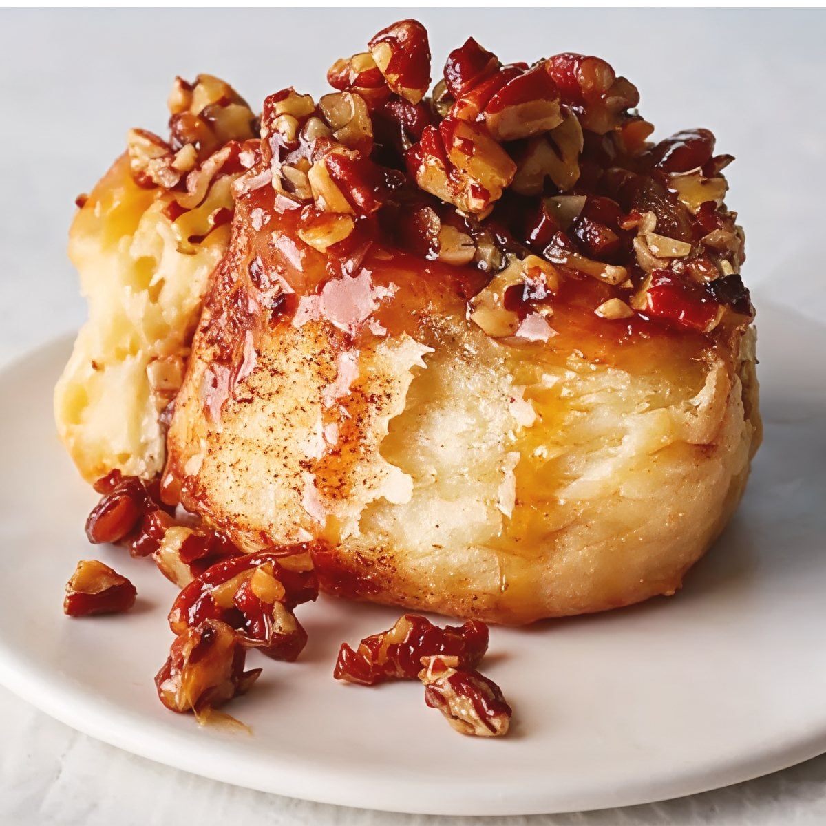 A freshly baked maple pecan sticky bun dripping with caramel glaze and topped with chopped pecans on a white plate as Thanksgiving breakfast ideas.
