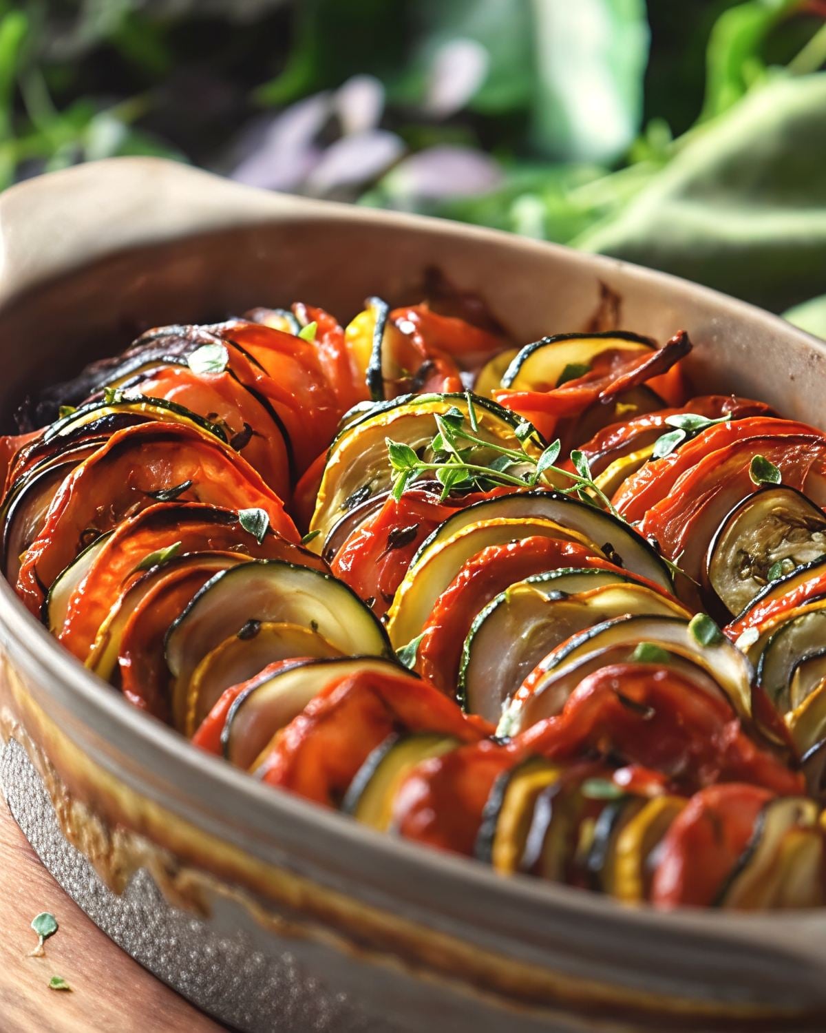 An oval baking dish beautifully layered with sliced roasted zucchini, squash, and tomatoes garnished with fresh herbs, making an elegant addition to Thanksgiving vegetable side dishes.