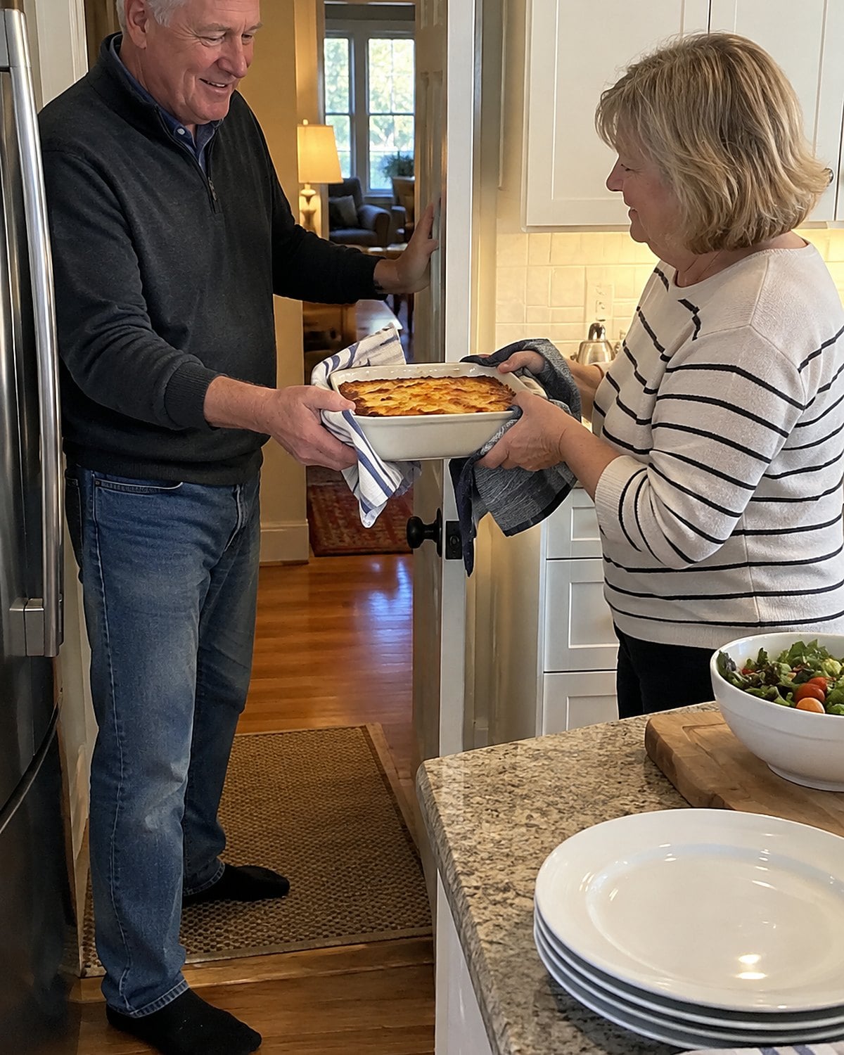 A couple in their sixties at a neighbor's kitchen doorway just before dinner, one handing over a warm casserole dish while the other holds the door.