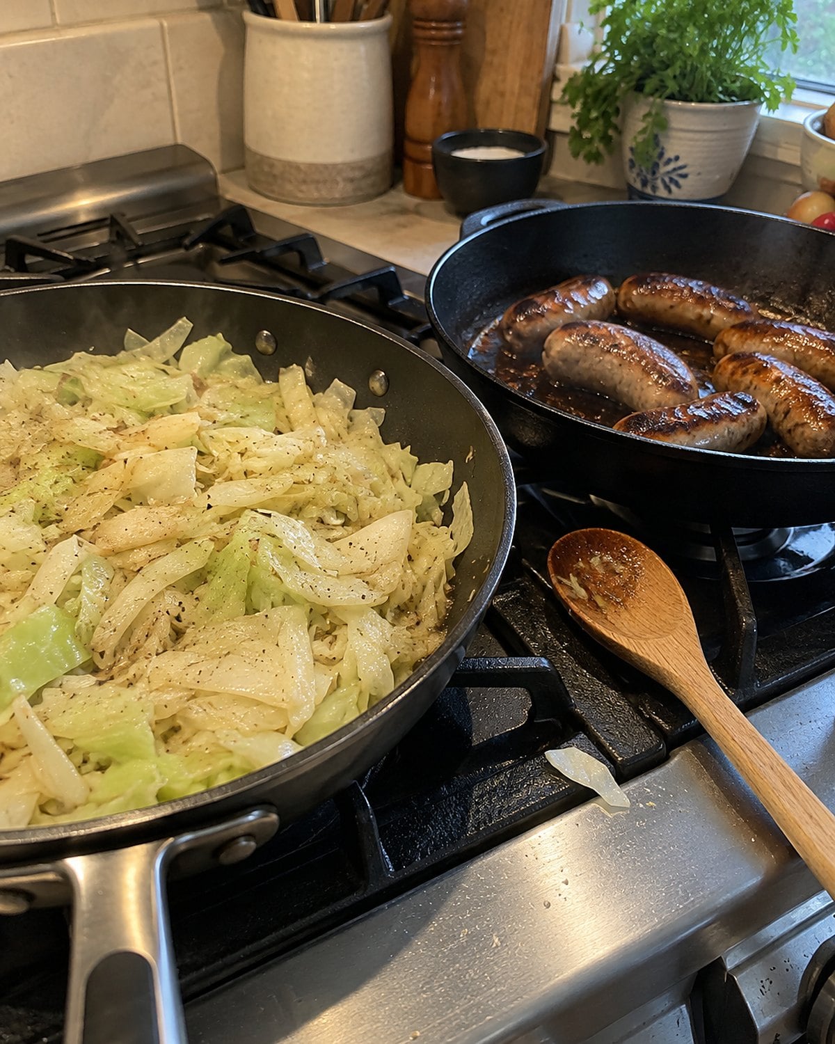 Sliced cabbage and supper sausages cooking in separate pans on a home stove.