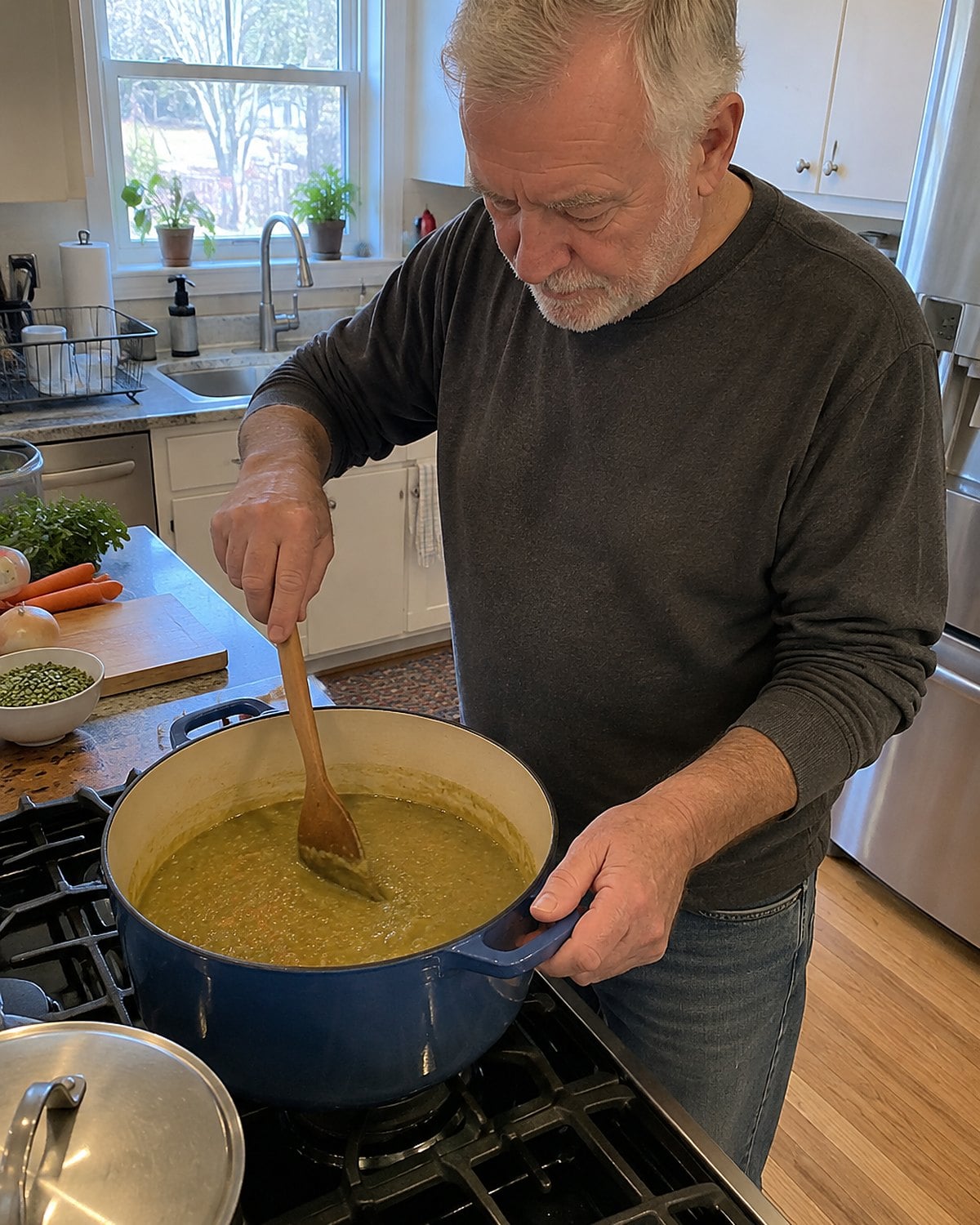 A wooden spoon scraping the bottom of a thick split pea soup pot.