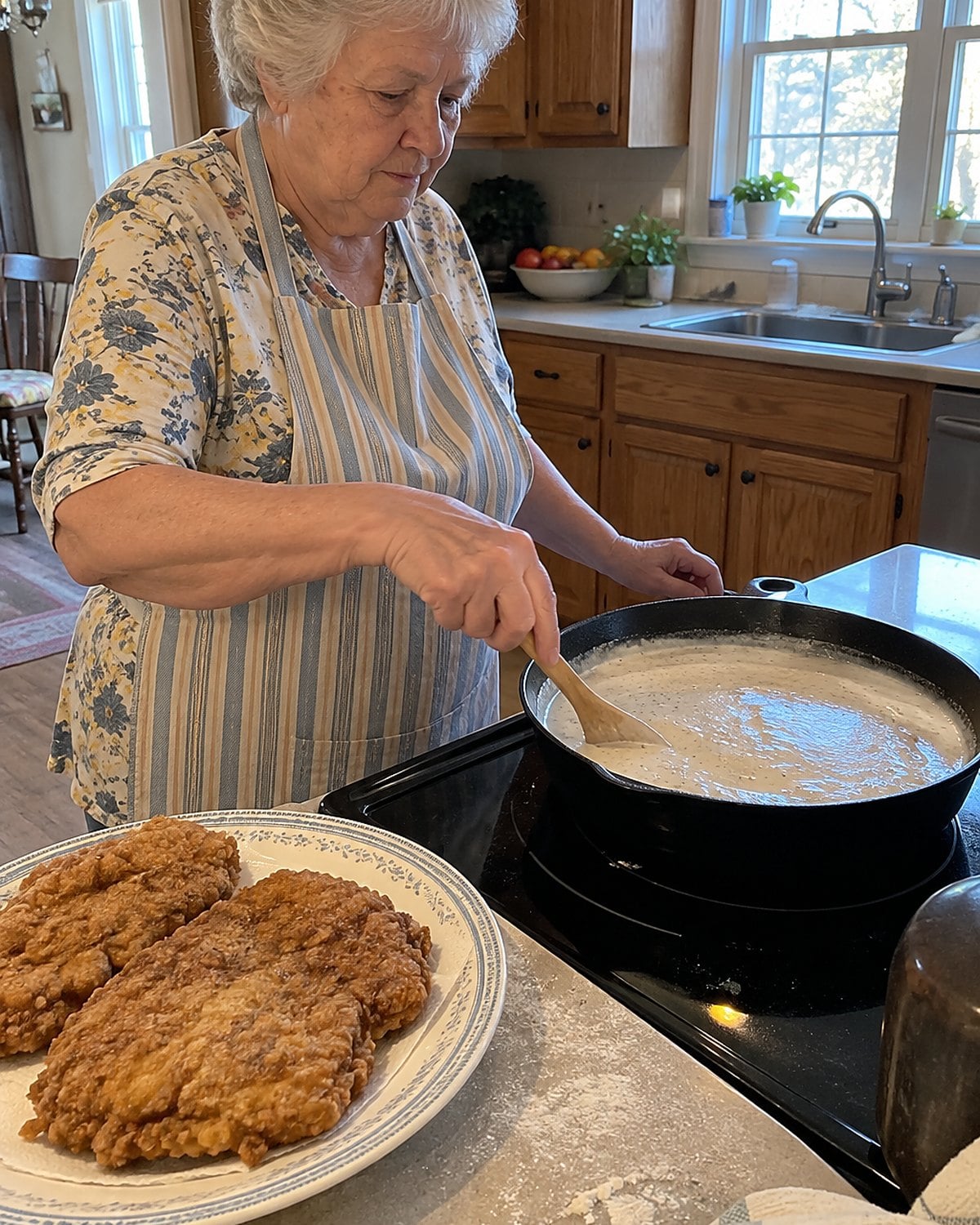 A spoon stirring white gravy in a skillet beside breaded chicken-fried steak.