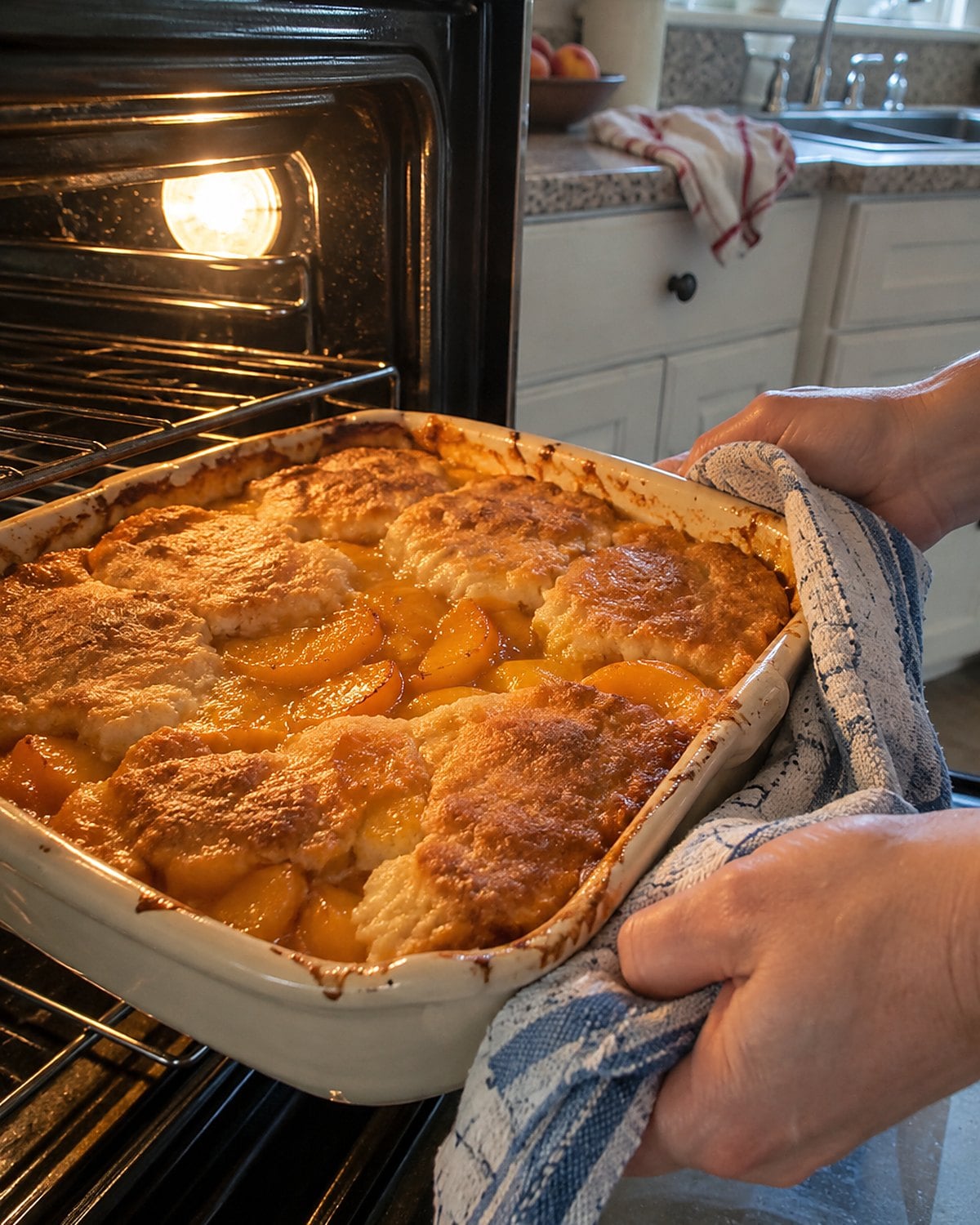 Peach cobbler bubbling near its center in a chipped baking dish on an oven rack.