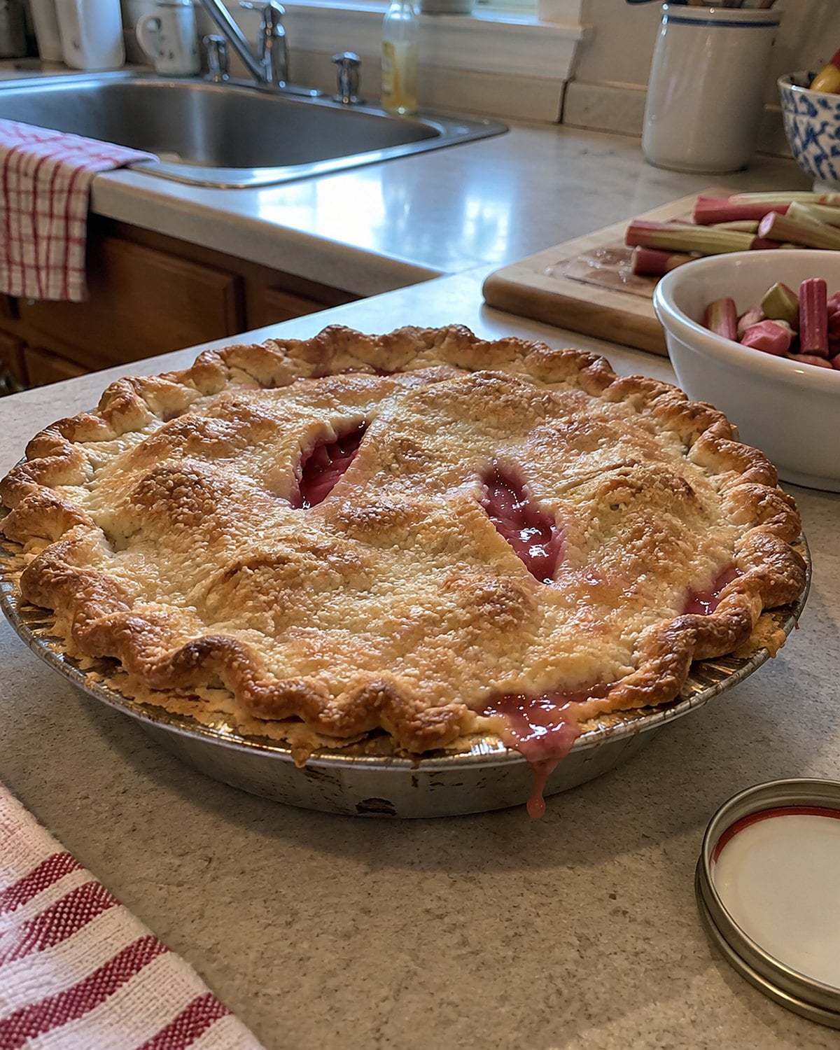 Rhubarb pie bubbling through its vents in an old pie tin on a kitchen counter.