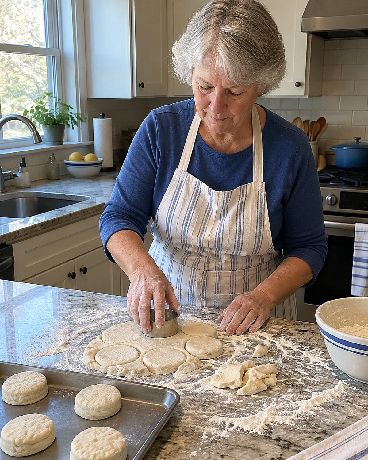 Floured hands cutting biscuits from dough beside a few scraps on the counter.