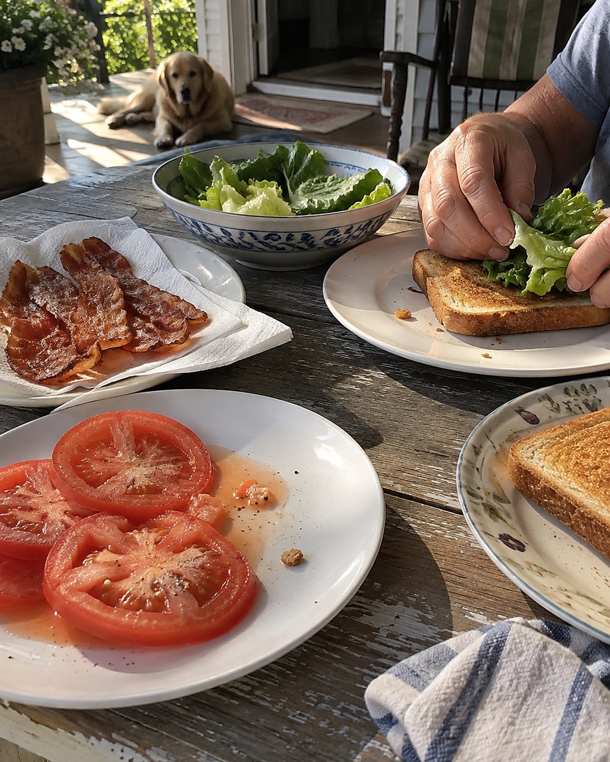 Tomato slices, bacon, lettuce, and toast laid out separately on a porch table.