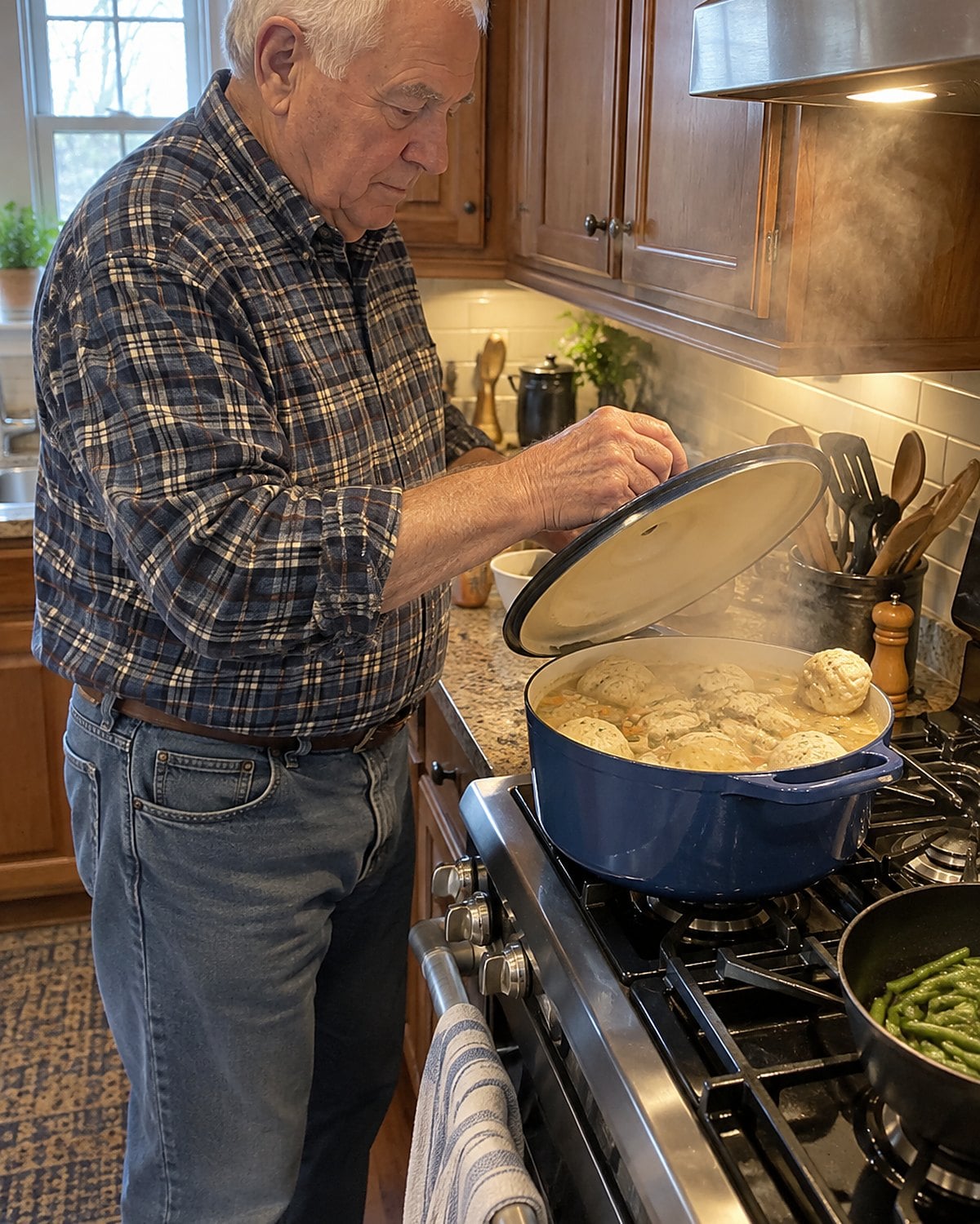 A hand lifting the lid from a Dutch oven of chicken and dumplings on a crowded stove.