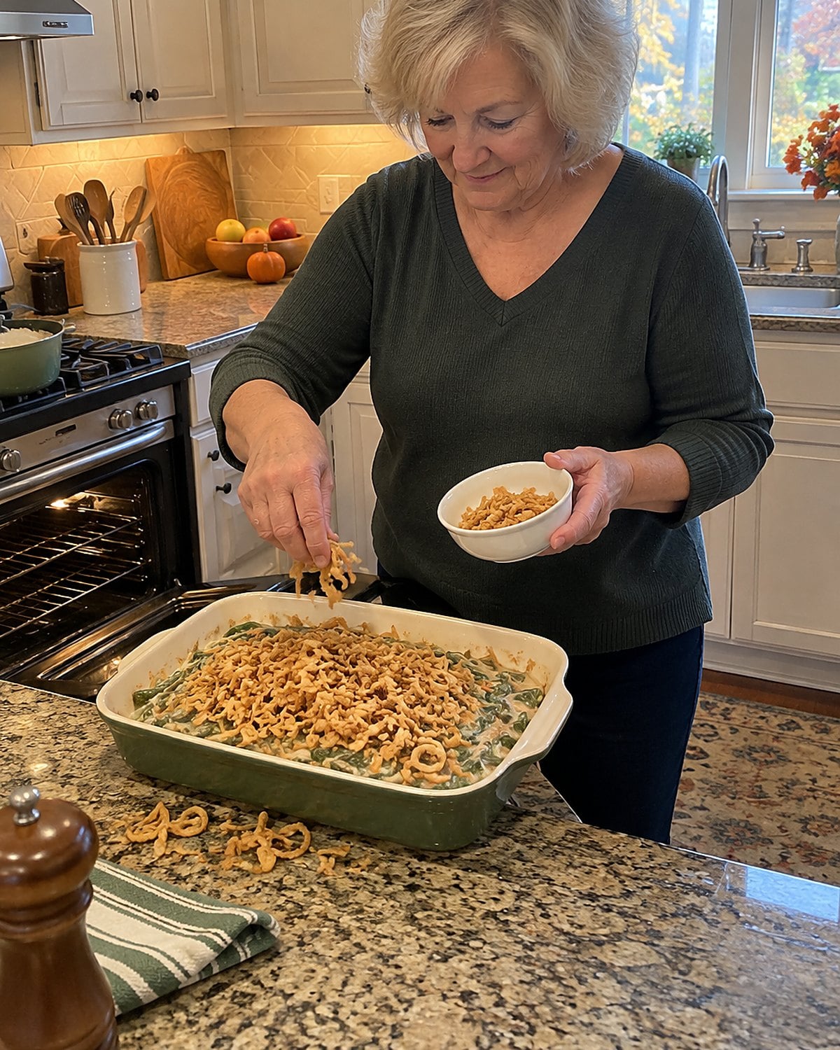 A home cook's hand scattering crisp onions over bubbling green bean casserole beside the oven.