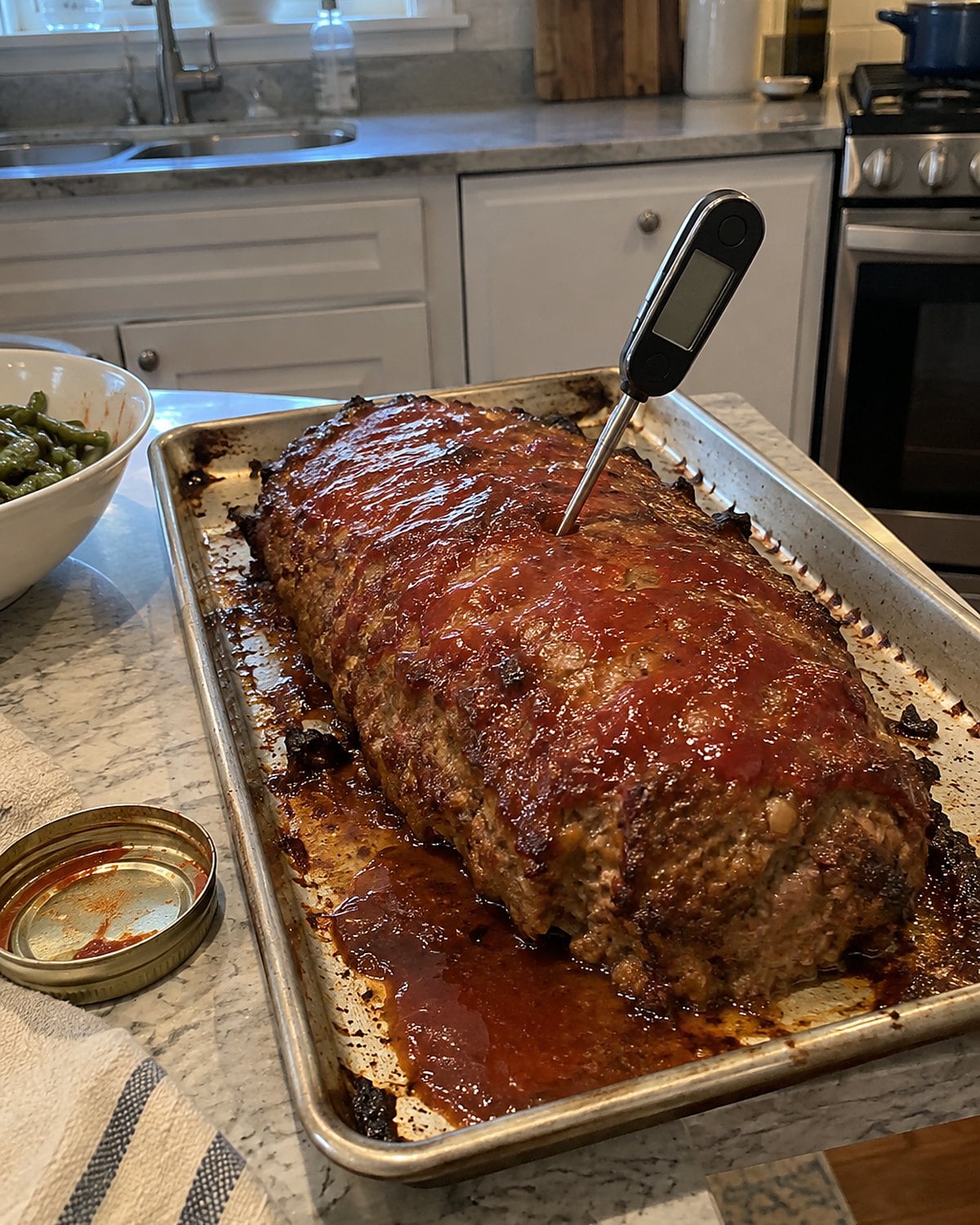 A glazed meatloaf on a rimmed sheet pan with an instant-read thermometer in its center.
