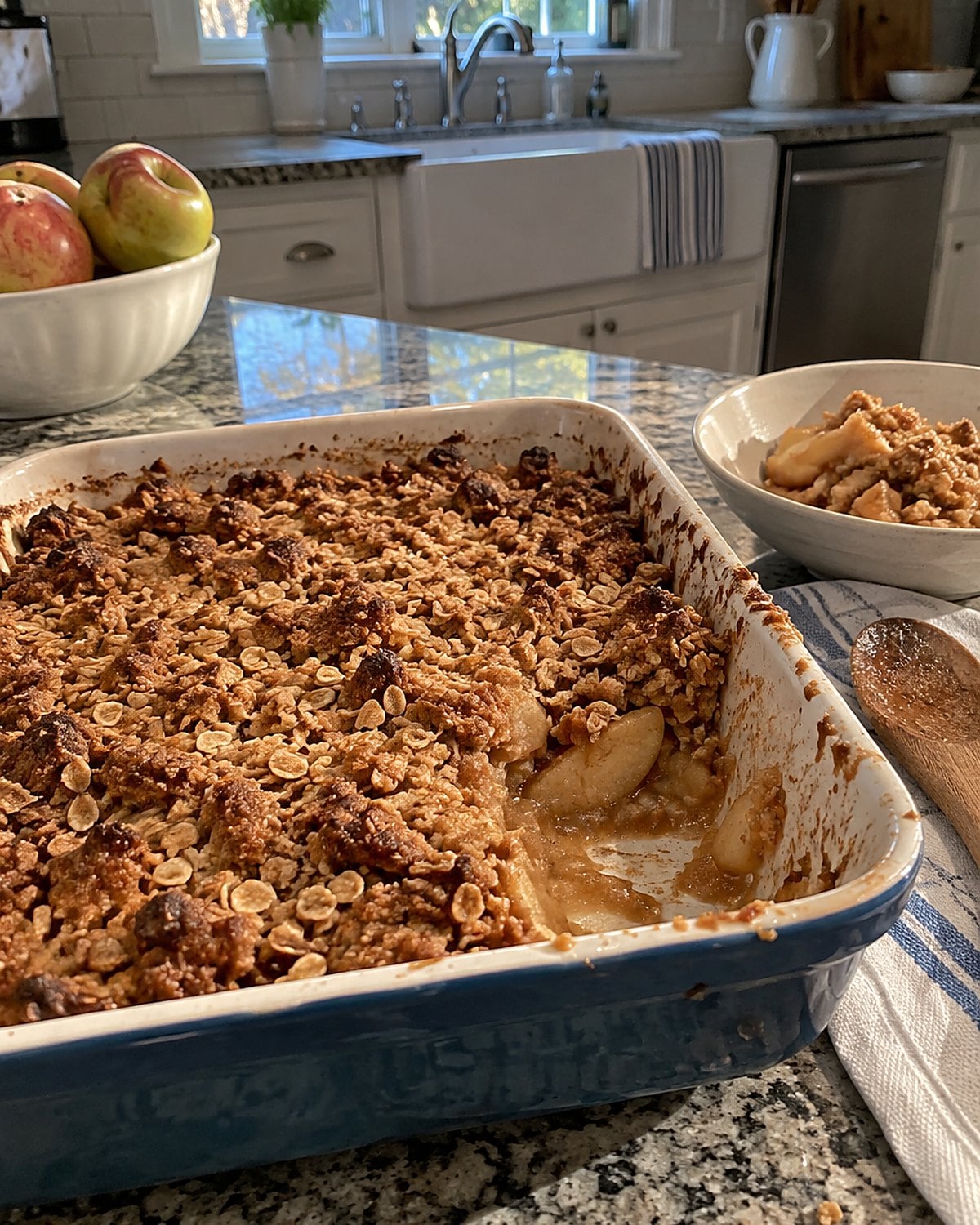 Apple crisp with uneven oat clumps and a spoonful missing from one corner.