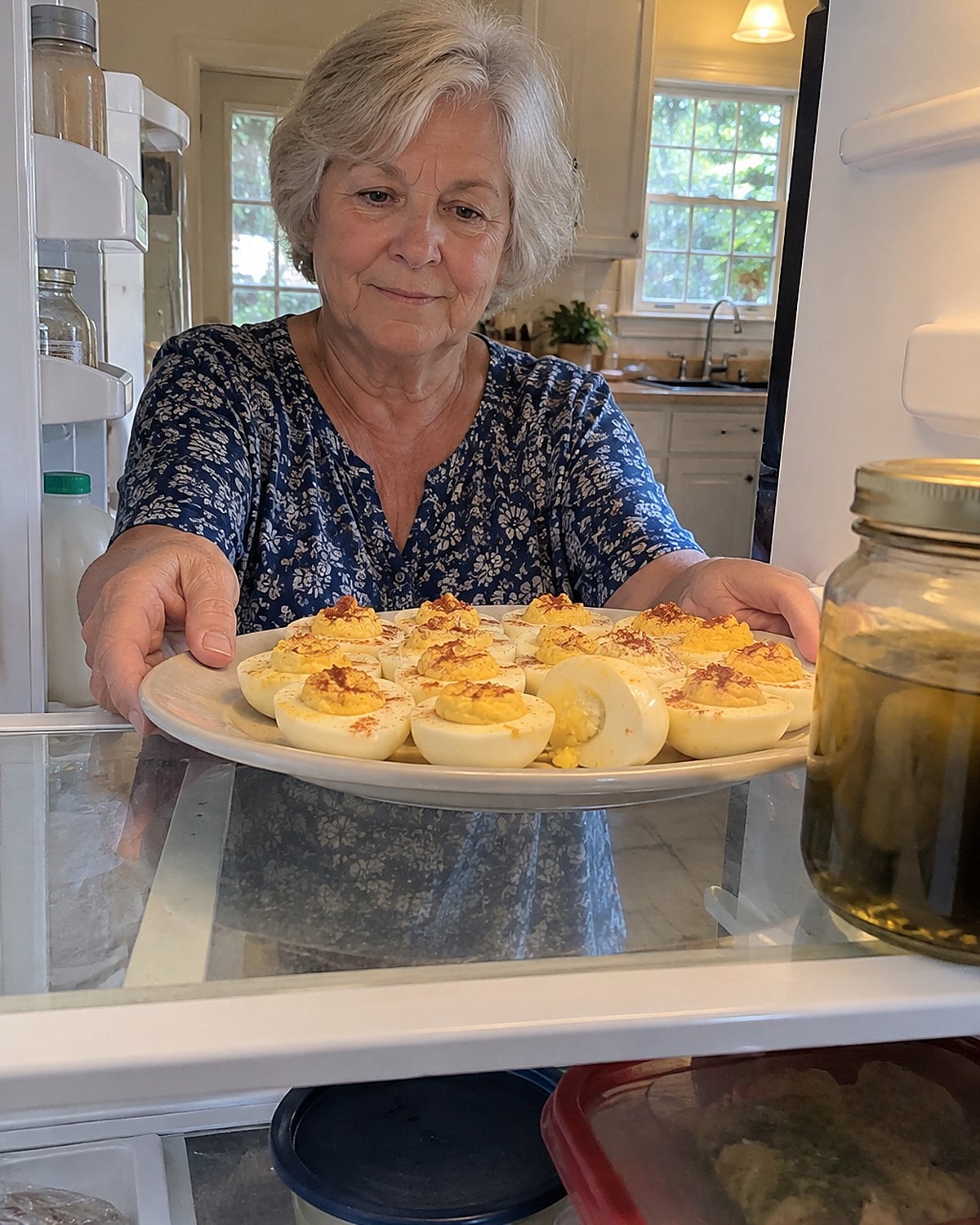 A hand setting a platter of deviled eggs onto a refrigerator shelf.