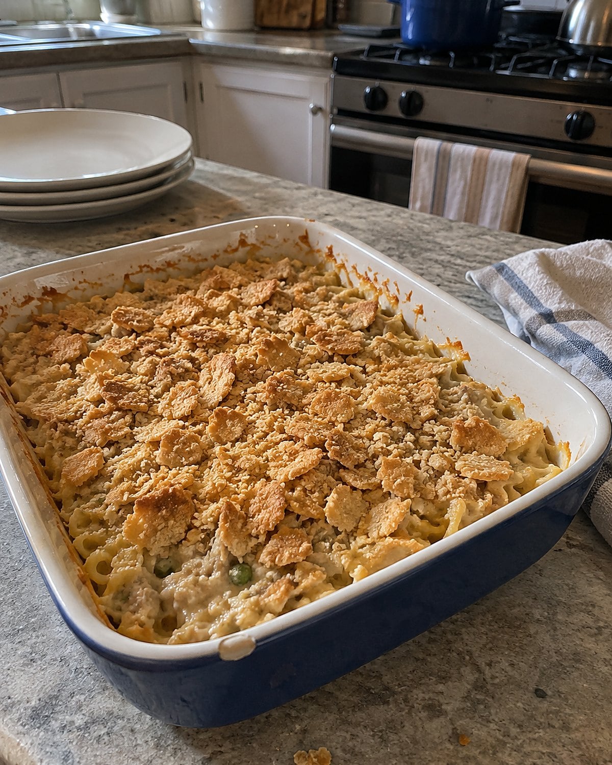 A small tuna noodle casserole with hand-crushed crackers scattered over its top.