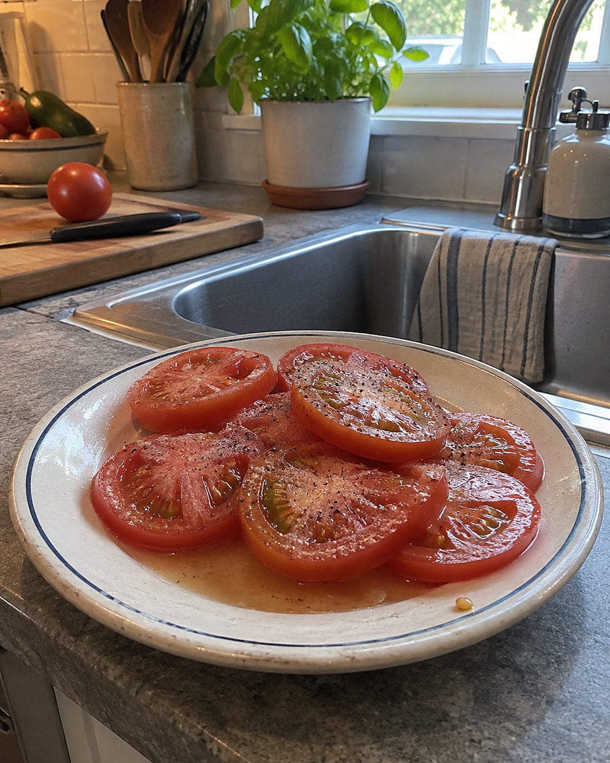 Sliced garden tomatoes gathering juice on a plate beside a kitchen sink.