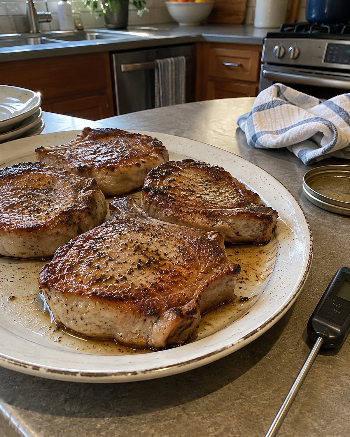 Pork chops resting on a clean serving platter with a thermometer nearby.