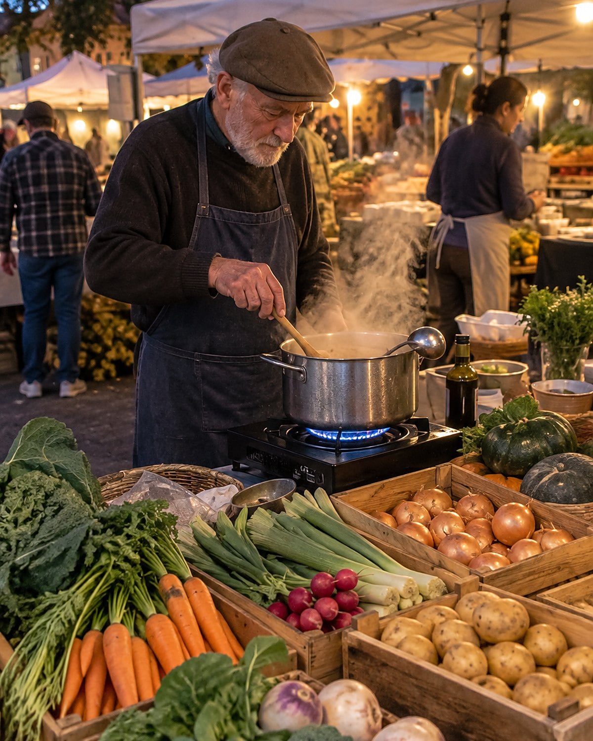 At a farmers-market stall in the evening, a man in his seventies stirs a pot at a portable stove by its light while crates of vegetables crowd the counter.