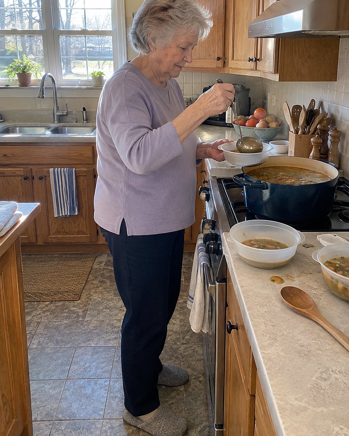 Hands ladle hot soup from a deep stove pot into shallow containers on the counter.