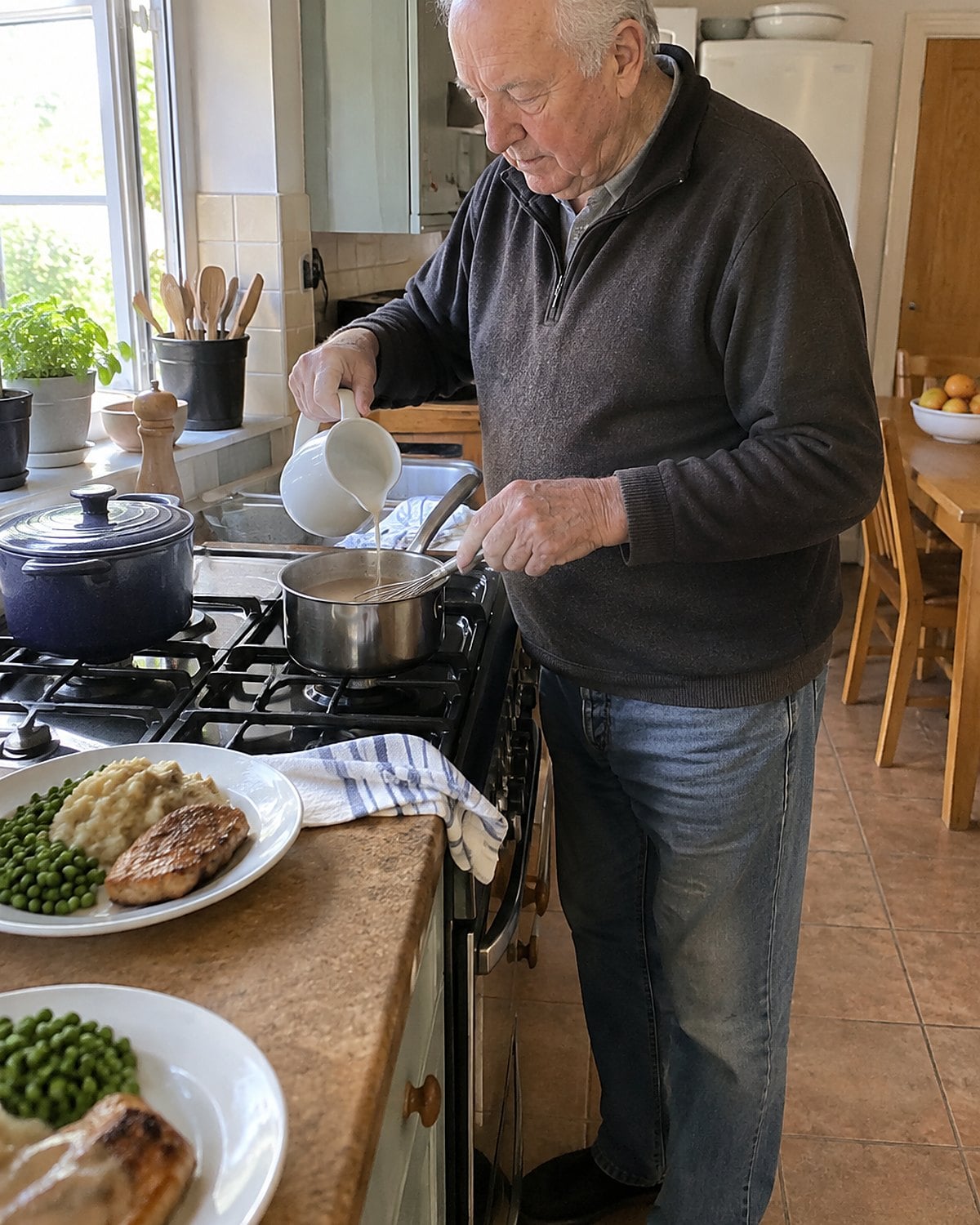 Thick gravy loosens under a whisk in a small saucepan on the stove.