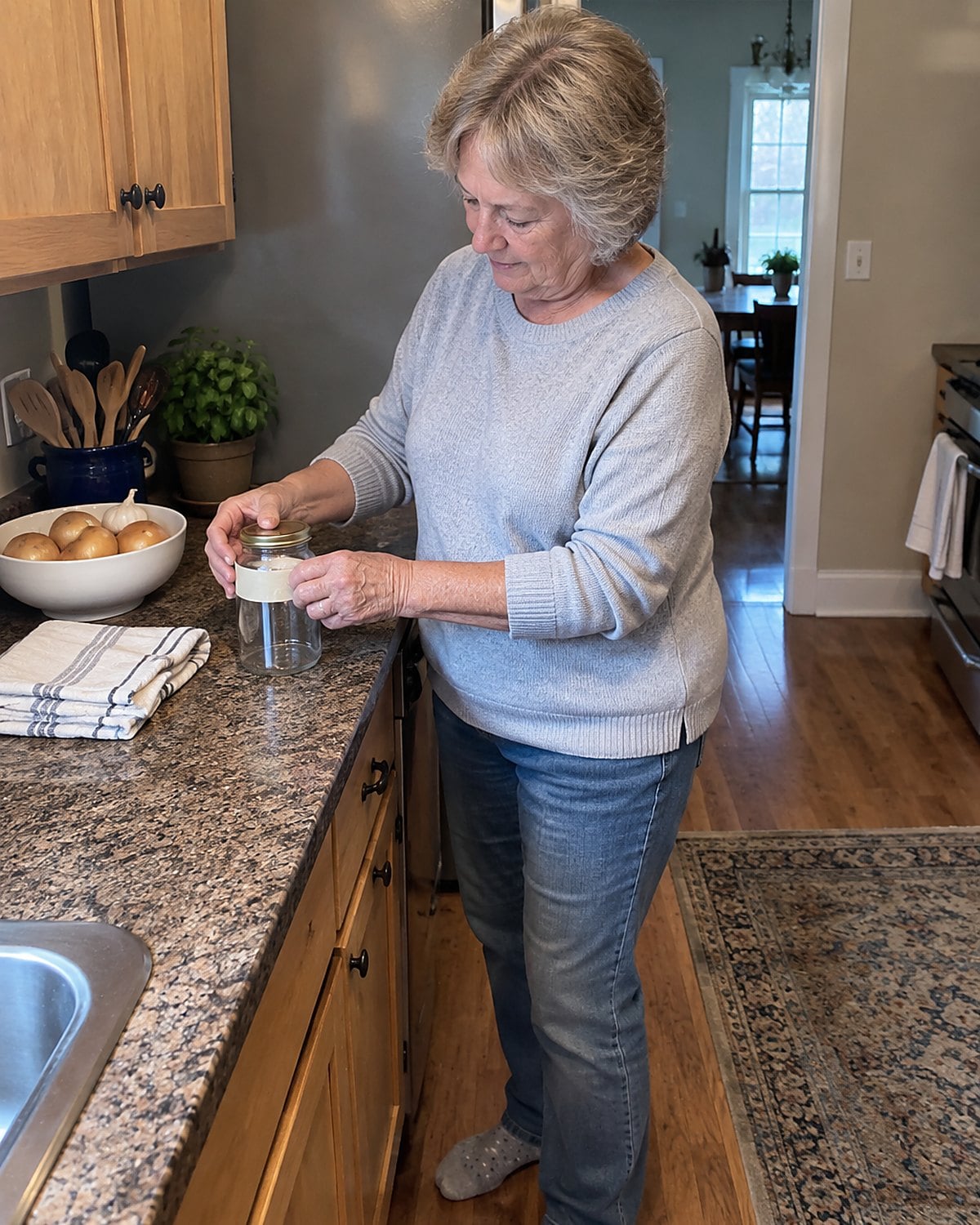 A hand applies a strip of tape to a reused soup jar beside the refrigerator.