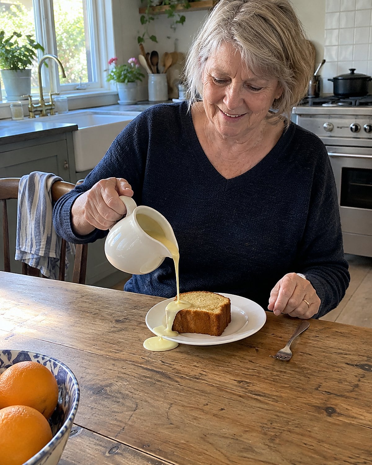 A dry slice of cake sits on a plain plate as warm custard pours from a small pitcher.