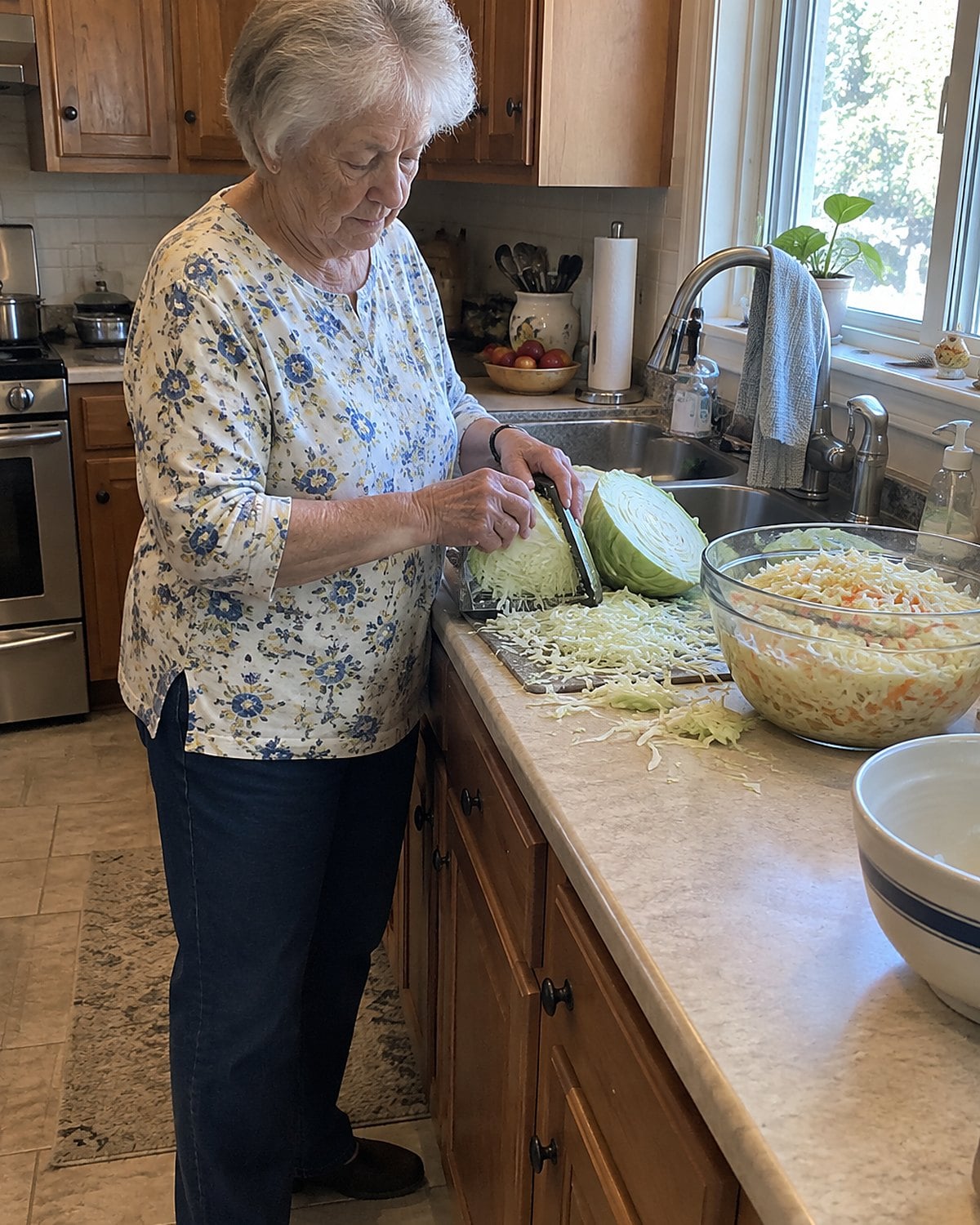 Watery coleslaw rests in a glass bowl at the sink while hands shred fresh cabbage beside it.