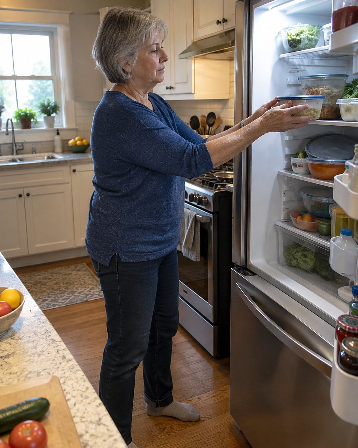 A hand moves a covered leftover container to the front of a crowded refrigerator shelf.