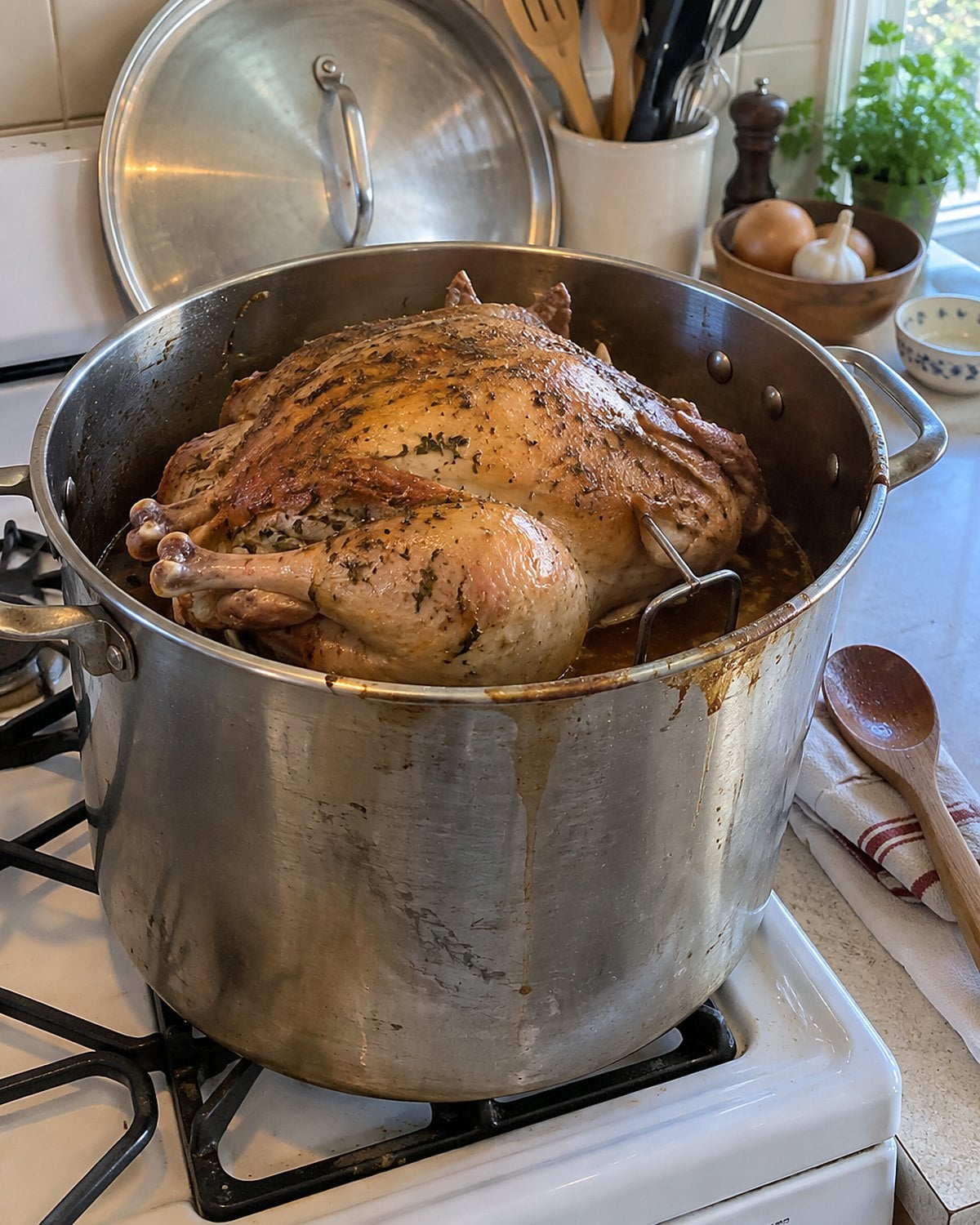A turkey frame sits in a dented stockpot on a white stove, with a lid propped against the backsplash.