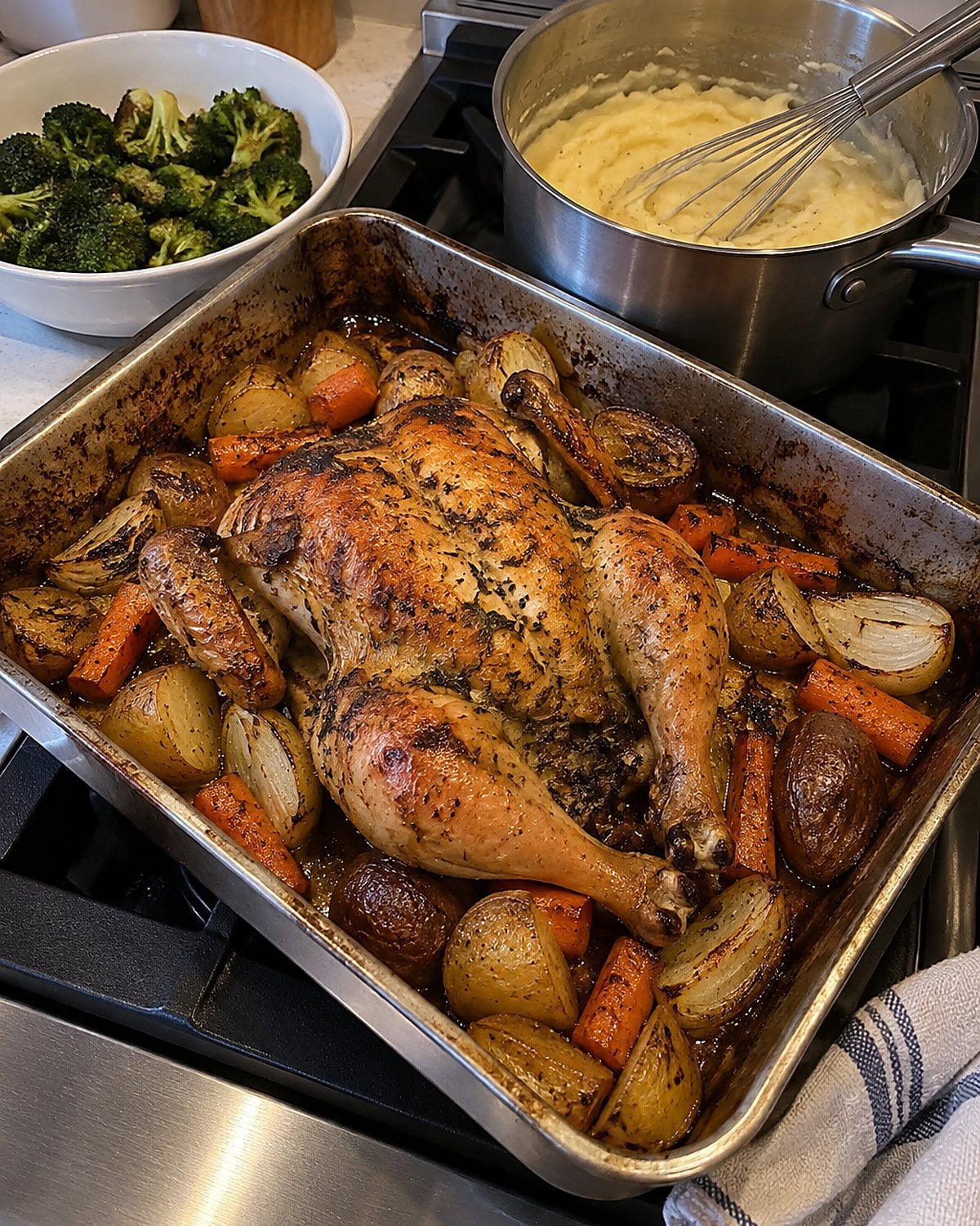 Browned drippings cling to a roasting pan while a whisk rests in a nearby saucepan.