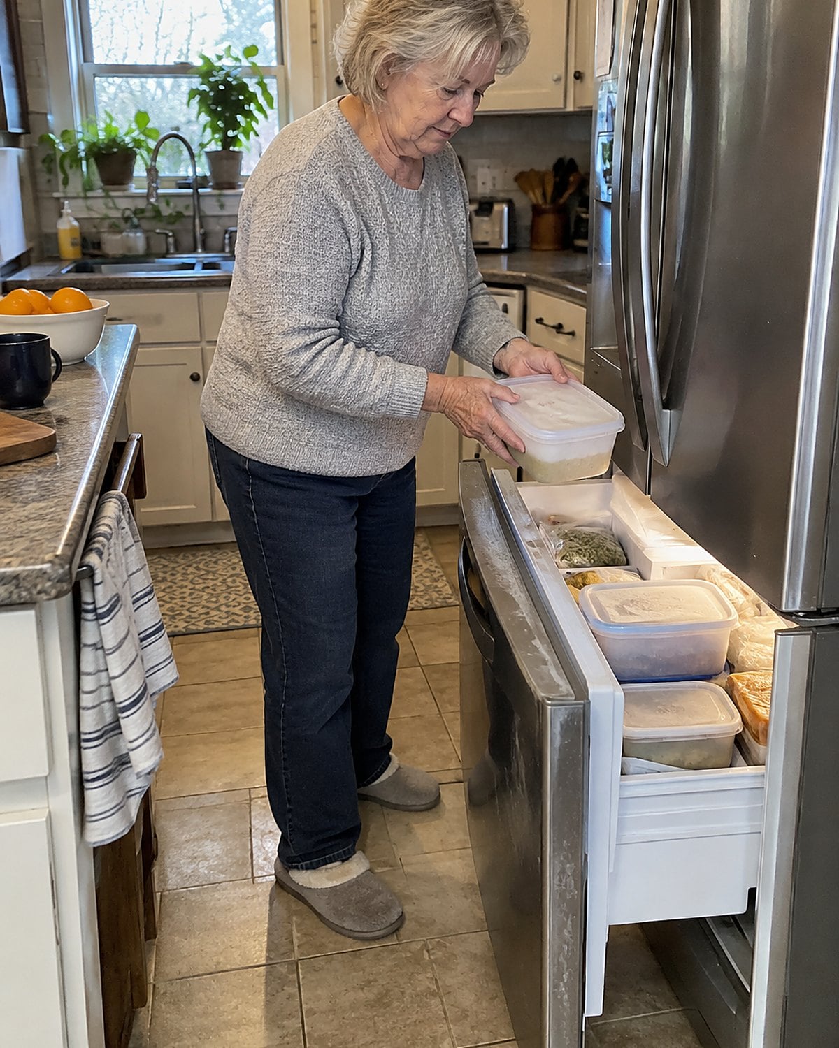 A hand lifts an unmarked plastic tub from a crowded freezer drawer.