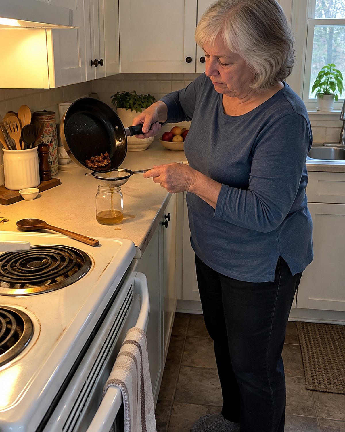 Older hands strain bacon grease through a small sieve into a jar beside a home stove.