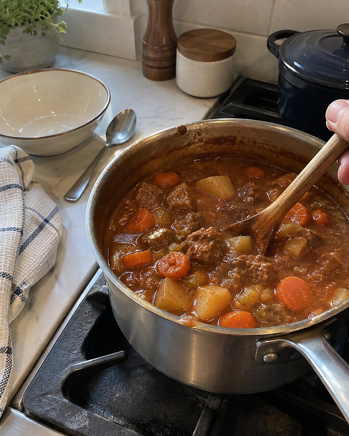 A small saucepan of stew sits on the stove beside a single bowl and spoon.