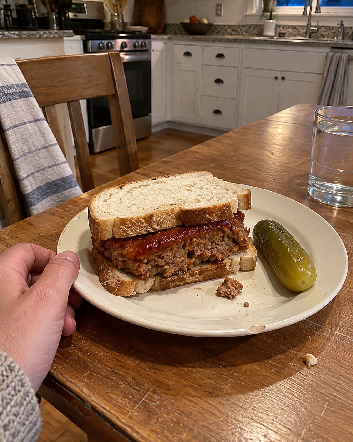 A thick meatloaf sandwich and a pickle sit on a chipped plate at a cleared supper table.