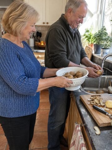 At a kitchen sink beneath a window in mid-afternoon, a couple in their sixties rinses potatoes together, one passing a colander to the other.