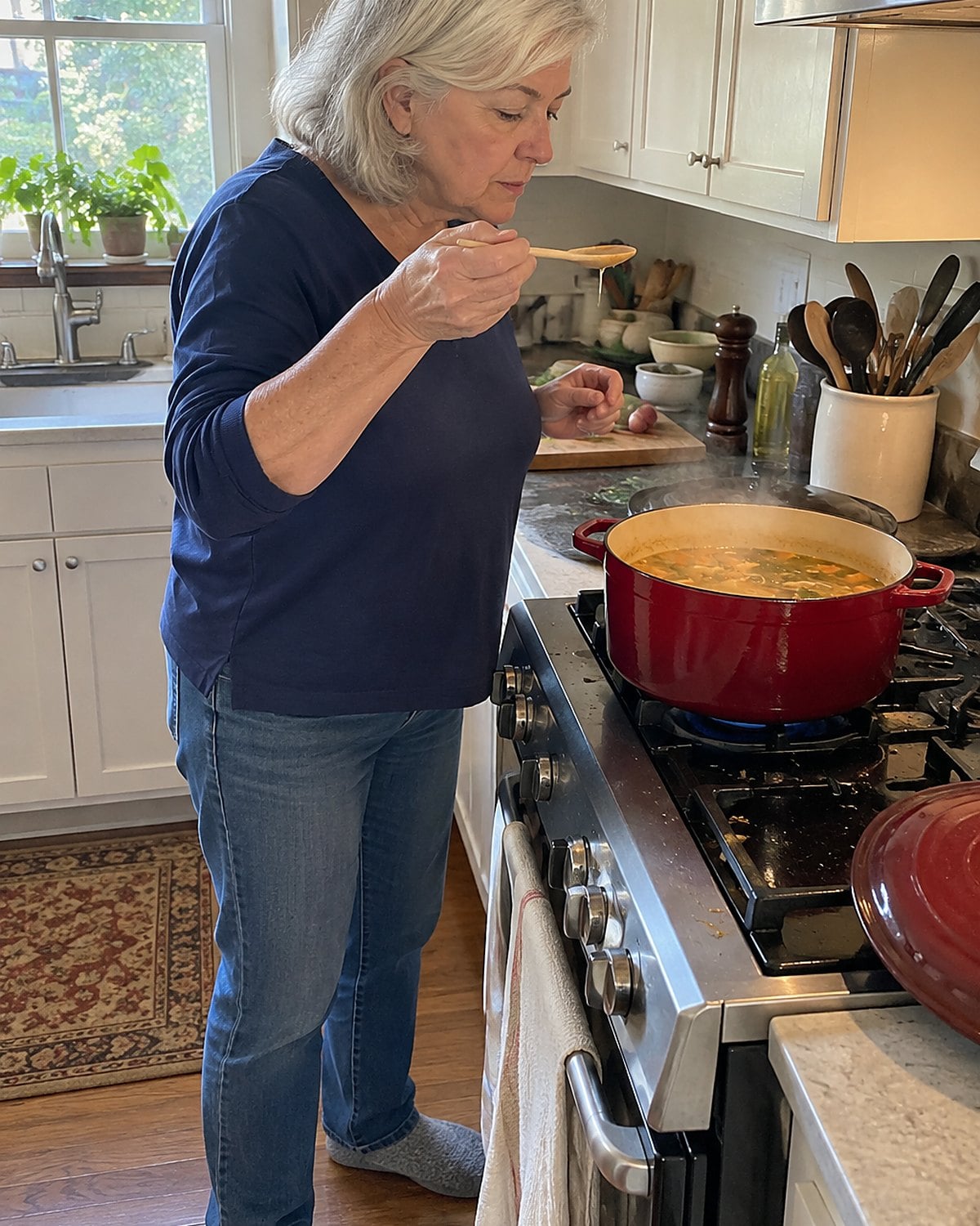 A hand holds a clean tasting spoon over a simmering pot beside the stove.