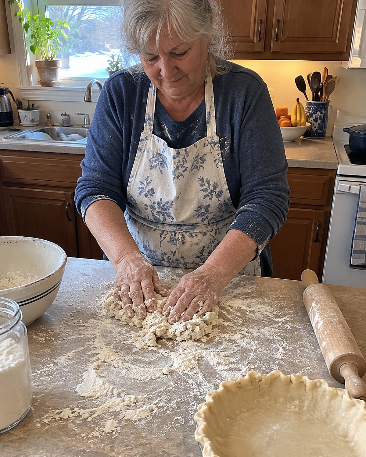 Floury hands press a shaggy piece of pie dough on a worn kitchen counter.