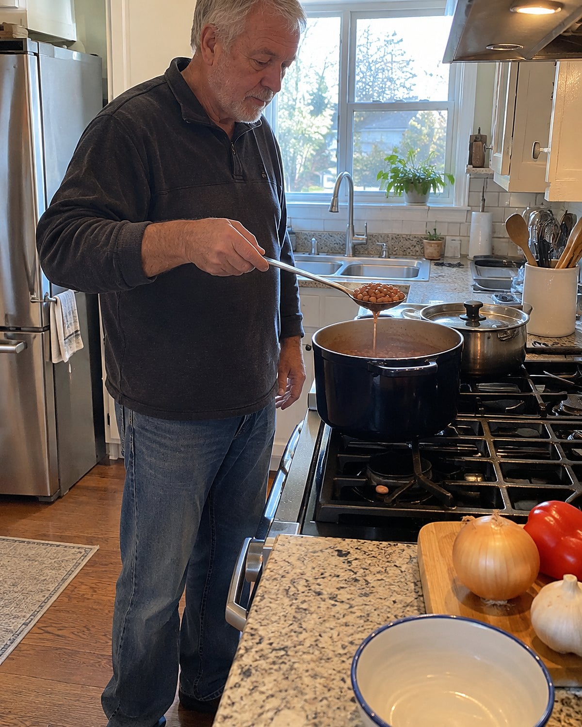 A hand lifts a spoonful of beans from a pot on the back burner.
