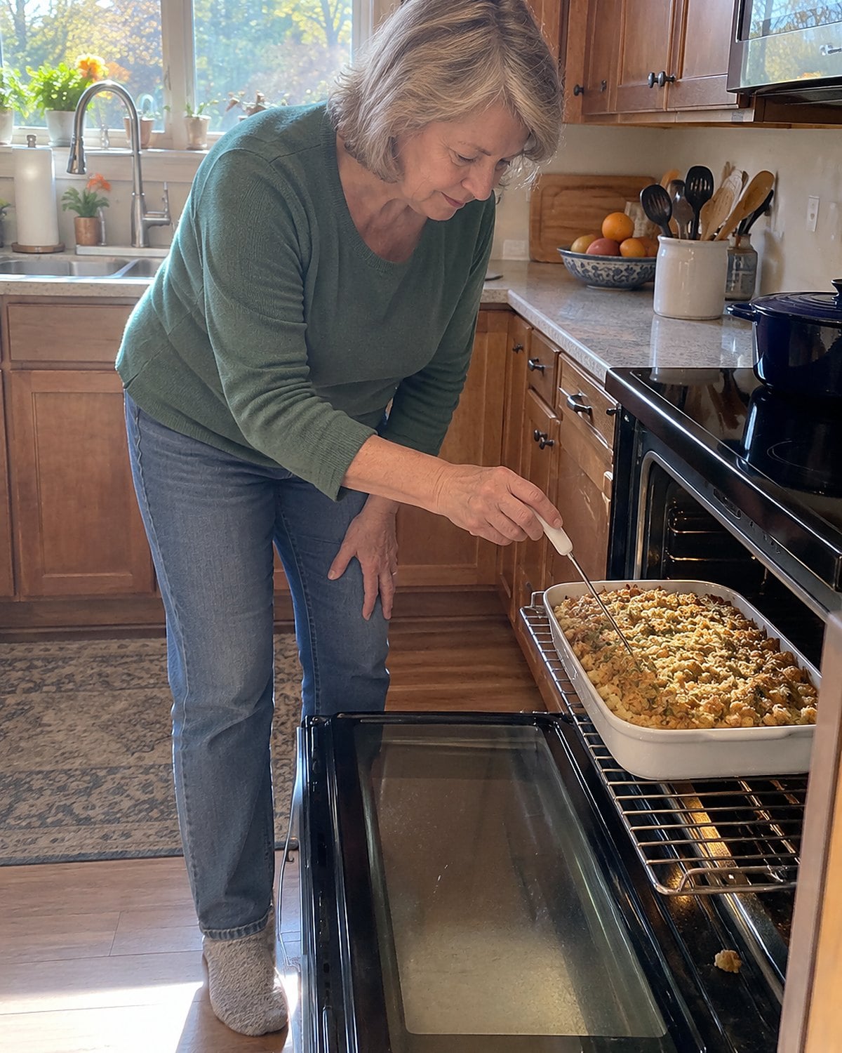 A hand tests the center of a pan of dressing with a thermometer beside an open oven.