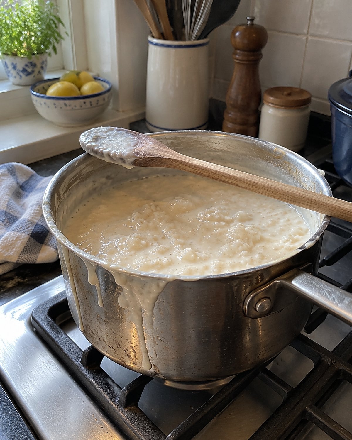 A small pot of rice pudding sits on the stove with a spoon resting across its rim.