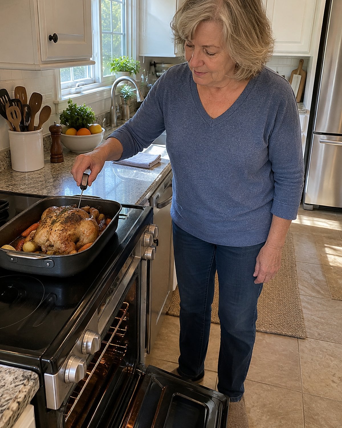 A hand holds a thermometer near a roast chicken in its pan beside the oven.
