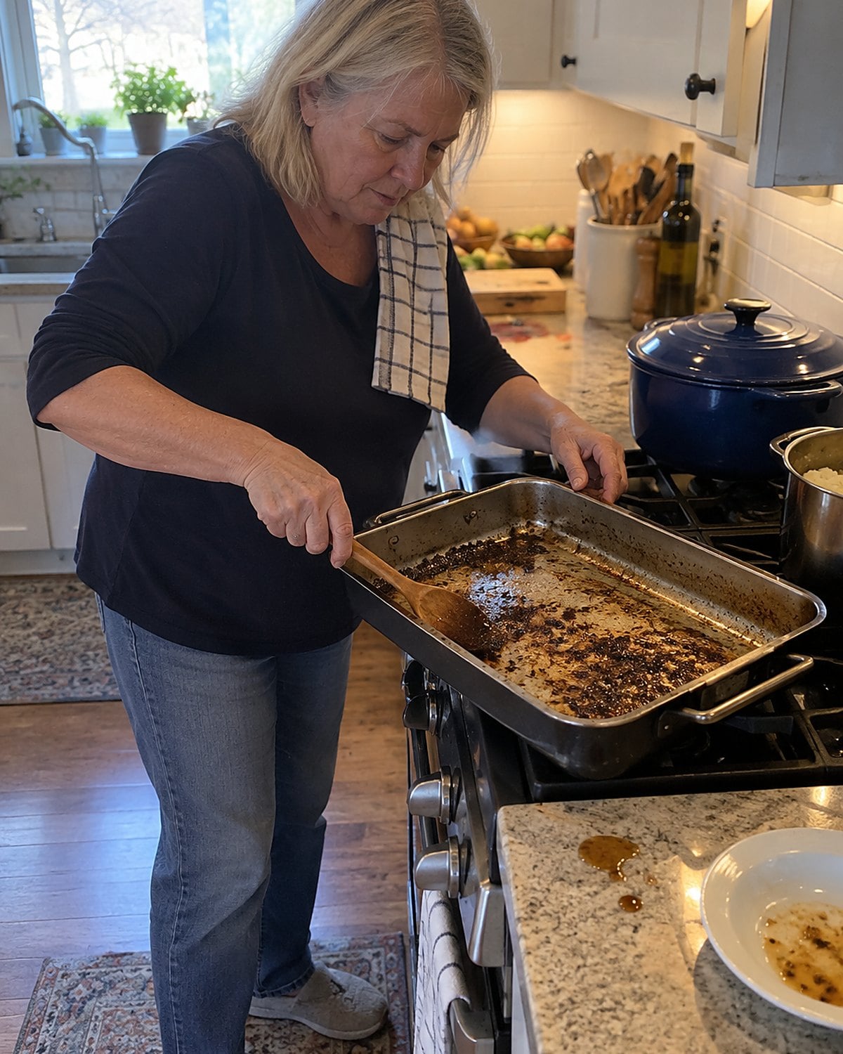 A hand scrapes browned drippings from a roasting pan with a wooden spoon.