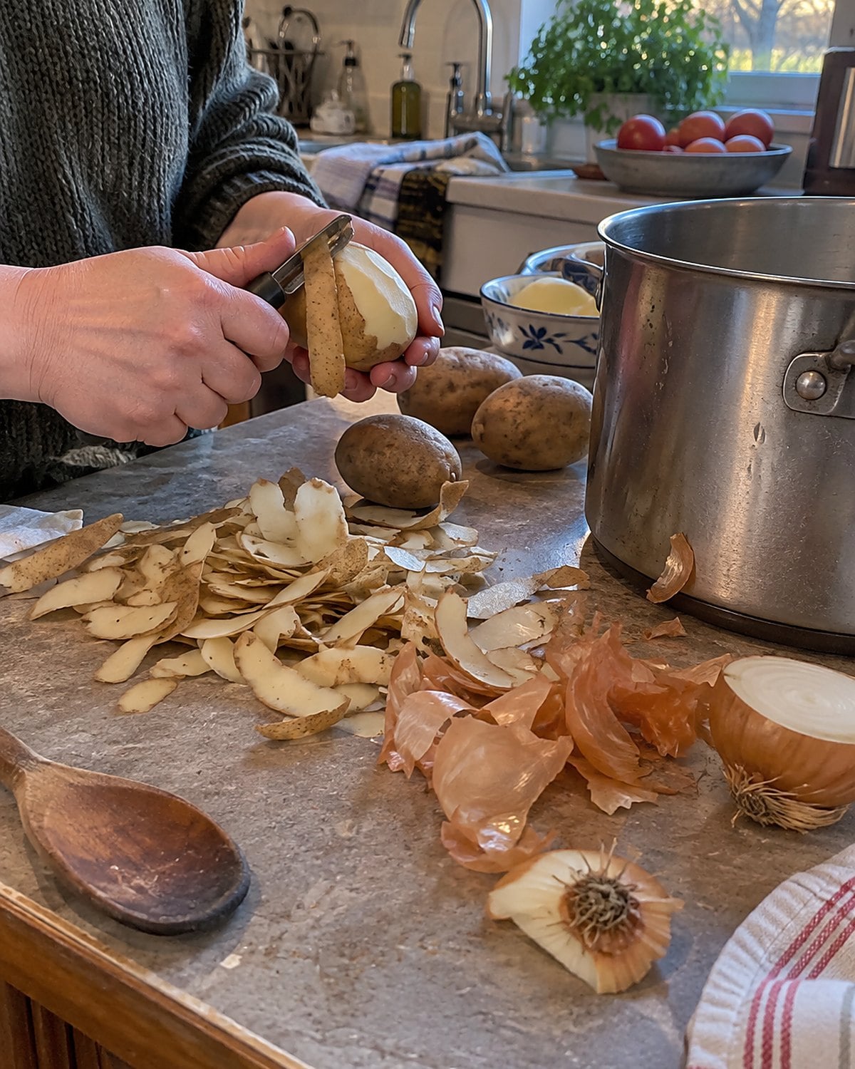 Clean potato peels and onion ends sit beside a dented stockpot on a kitchen counter.