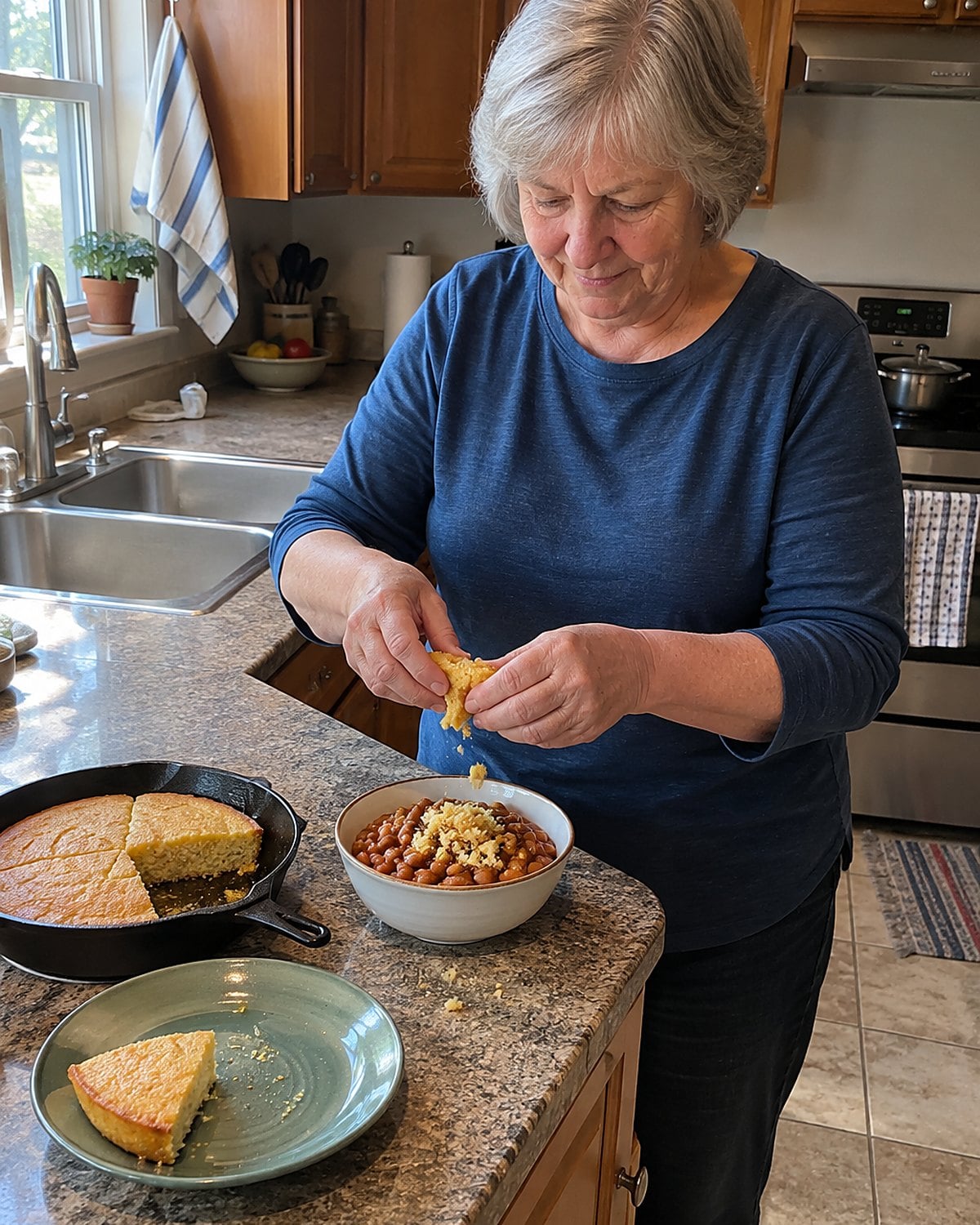 A hand crumbles a wedge of cornbread over a bowl of beans on the counter.
