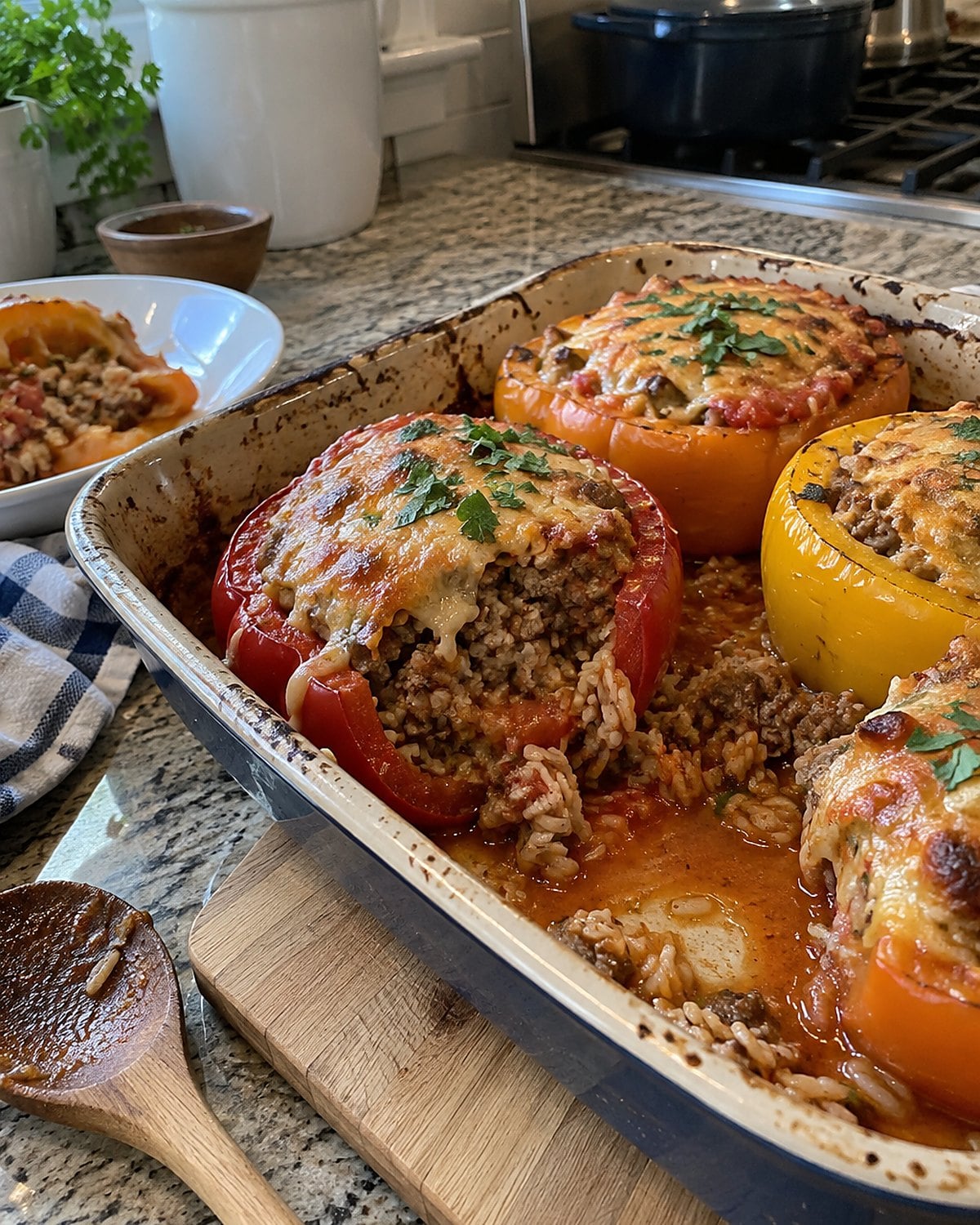 A halved stuffed pepper shows its rice filling in a worn baking dish.