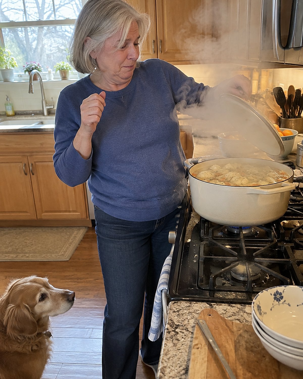 A hand lifts the lid from a pot of chicken and dumplings on the stove.