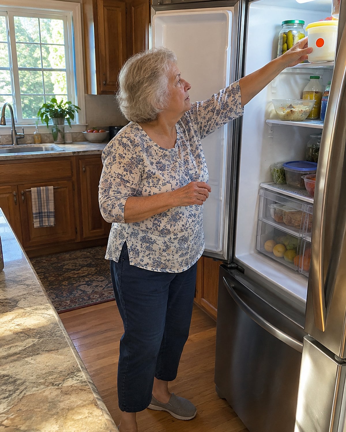 A hand reaches past a pickle jar for a dated soup container on a fridge shelf.